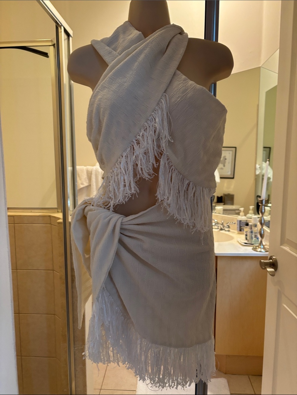 SHEIN Cream Fringe Wrap Skirt Set
